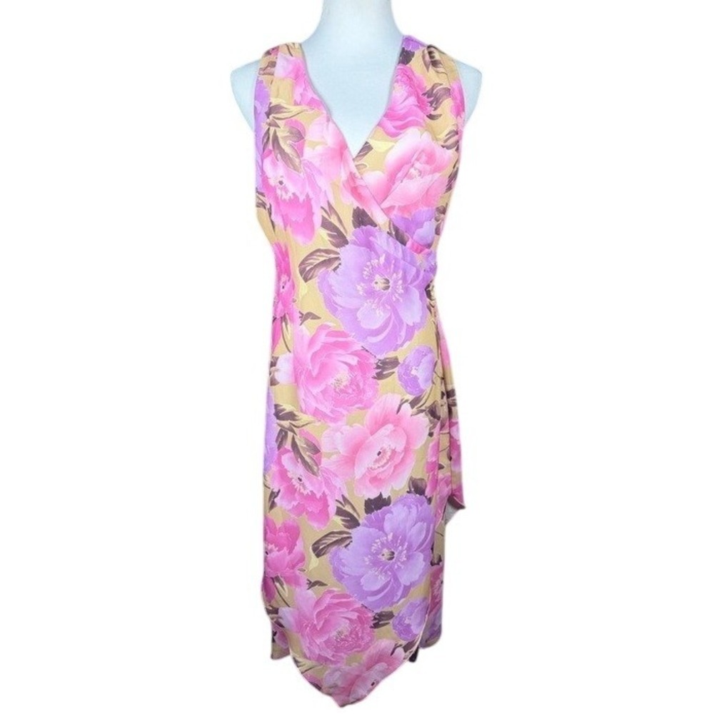 CDC Petites Pink Purple Floral Faux Wrap High Low Midi Dress Womens‎ Size 10P